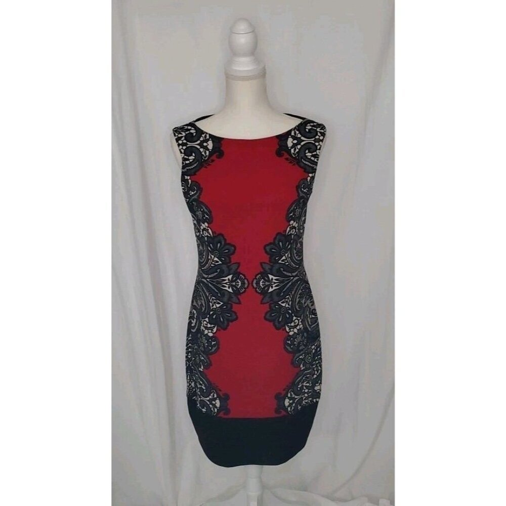 Joseph Ribkoff Sheath Dress Womens 10 Red Black Lace Print Cocktail